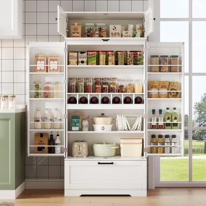 Spacious Kitchen Cabinet with a Drawer, 2 Adjustable Shelves, Multifunctional Pantry for Dining and Living Areas, 80L x 40W x 180H cm, White