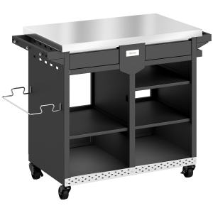 Outsunny Grillwagen met 5 niveaus, roestvrijstalen werkblad, verstelbare planken, lade, wielen, kruidenrek en handdoekhouder