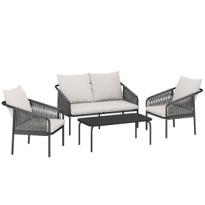 Outsunny Garden furniture set 4-piece Polyrattan lounge set with two-seater 2 armchairs coffee table removable cushions with ties