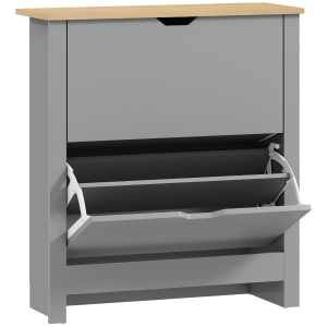 HOMCOM Sapateira 12 pares, armário de sapatos estreito com 2 gavetas basculantes e prateleiras ajustáveis, cinza claro