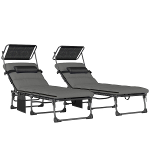 Outsunny Conjunto de 2 Espreguiçadeiras Dobráveis com Toldo Cadeiras Reclináveis com Almofada Bolso Lateral e Pega de Transporte Cinza Escuro