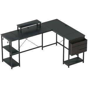 HOMCOM Mesa de canto modular reversível 168-240 cm estilo industrial - prateleira regulável, bolsa de arrumação, suporte para monitor