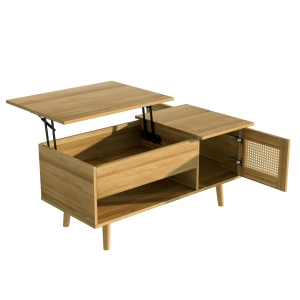 Tavolino da salotto portaoggetti con piano sollevabile e ante in rattan,103x50x46 cm, Color Legno