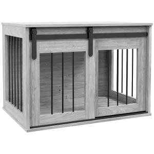 PawHut Jaula caja para perro animales interior puerta corredera, metal efecto madera, dim. 57H x 80L x 54l cm