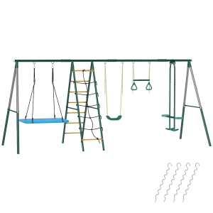 AIYAPLAY Estructura de columpio 5 en 1 con columpio nido ajustable anillas doble asiento estructura de escalada para 3-8 años 440x175x203 cm