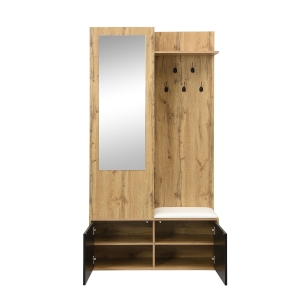 Set da ingresso con 5 ganci appendiabiti, specchio, scarpiera e panca per ingresso, 100x38x191 cm, Nero e Color Legno