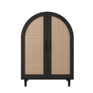 Mobile per scarpe con esterno arrotondato, ante traforate in rattan e 3 ripiani, 70x40x100 cm, Color Legno e Nero
