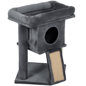 PawHut Arranhador para Gatos Pequenos 57 cm com Rampa para Arranhar Caverna Cama e Bola Suspensa 40x40x57 cm Cinzento Escuro