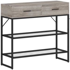 HOMCOM Consola de Entrada con 2 Cajones, 2 Estantes y Gancho Lateral, en Madera y Metal, 100x35x92 cm, Negro y Madera