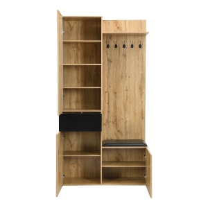 Set guardaroba da ingresso con 5 appendiabiti, specchio, scarpiera e armadio a incasso, 98.5x38x191 cm, Color Legno
