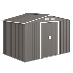 Outsunny 9 x 6FT Outdoor Garden Roofed Metal Storage Shed Tool Box with Foundation Ventilation & Doors Light, Grey