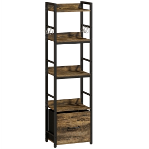 HOMCOM Librería de 4 niveles, estantería estrecha con cajón, 8 ganchos, , 39 x 26 x 136,5 cm, marrón rústico