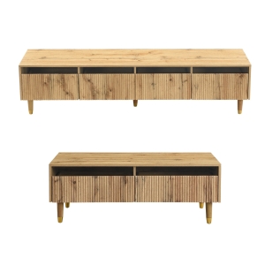 Ensemble de meubles LED moderne, meuble TV avec 4 portes & table basse avec 2 tiroirs, 178x35x45+110x50x40 cm, Couleur naturelle
