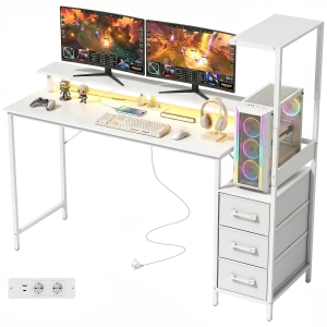 HOMCOM Bureau Gaming 147 cm, Table pour Ordinateur avec Support CPU Réglable et Réversible, Lumières RGB, Prises, Ports USB et USB-C, Support Écran et 3 Tiroirs en Tissu, Bianco