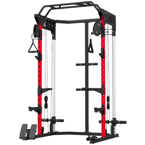 SPORTNOW Jaula de Potencia Smith Machine, Rack para Sentadillas con Sistema Polea Ajustable Barra Dominadas y Estación de Fondos