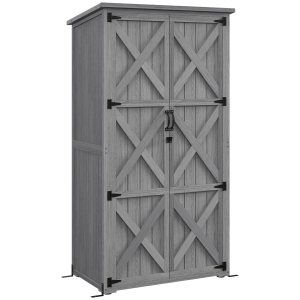 Outsunny Armadio da giardino in legno con tetto bitumato e ripiani, 90x54,5x168,5 cm, Grigio