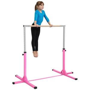 HOMCOM Barre fixe de gymnastique pour enfant, hauteur réglable 13 niveaux de 92-150 cm, en acier et bois en hêtre, barre de gym d'entrainement à domicile, antidérapant, facile à assembler, rose