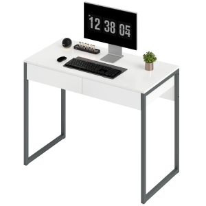 HOMCOM Bureau avec 2 tiroirs 100x50x75 cm Table d'ordinateur Pieds en acier pour Maison Petits Espaces Blanc Brillant