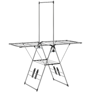 HOMCOM Suszarka składana, z regulowanymi skrzydłami, uchwytami na buty, stal nierdzewna, 156,5 x 68 x 192 cm, srebrna