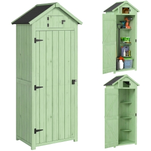 Outsunny Armário de Jardim de Madeira - Cobertizo de Arrumação com Prateleiras 77x54,2x179 cm Verde
