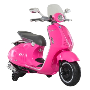 HOMCOM Motocicletă Electrică pentru Copii cu Licență Oficială Vespa, 2 Roți Auxiliare, Lumini și Sunete, 108x49x75 cm, Roz