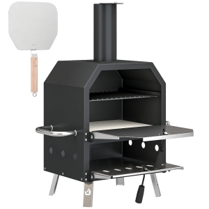 Outsunny Buiten Pizzaoven Houtgestookte Oven Roestvrij Staal 2 Lagen Met 1 cm Dikke Pizzasteen Inklapbare Poten