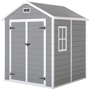 Outsunny Abrigo de Jardim em Resina 182x151x219 cm com Piso Janela Ventilação Portas Duplas Cinzento