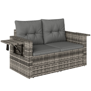 Outsunny 2-Sitzer Rattansofa mit Kissen Klappbar Seitentabletts Loungesofa Sitzgruppe Hellgrau