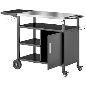 Outsunny Carrinho de Jardim para Churrasco com Tampo em Aço Inoxidável Tampo Dobrável Ganchos Capa Inclusa Preto