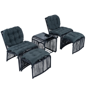 Ensemble de mobilier d'extérieur 5 pièces, ensemble lounge pour balcon avec 2 chaises, 2 tabourets et table en verre, Noir+Gris