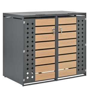 Mülltonnenbox mit hydraulischem Klappdeckel, zwei separaten Fächern und abschließbaren Türen, 132 x 80 x 118,5 cm, Grau+Naturfarbe