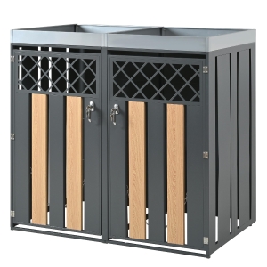 Mülltonnenschrank mit Blumentrog, 2-tlg. abschließbare Mülltonnenbox, 132 x 80 x 124,5 cm, Grau+Naturfarbe