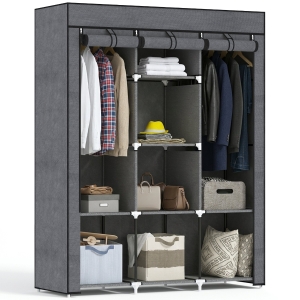 HOMCOM Armoire penderie multi-rangement - 8 étagères, 2 barres - non tissé gris