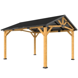Outsunny 3.5 x 4 m Hardtop Gazebo Canopy with Galvanised Metal Roof, Fir Wood Frame and Hook for Patio, Garden, Black Grey