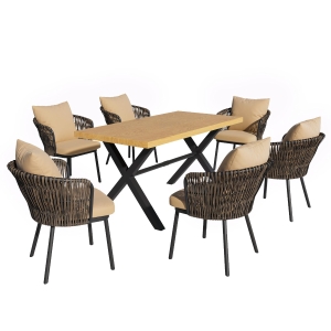 Ensemble de repas de jardin moderne 6 pièces, pour 6 personnes, Kaki+Couleur naturelle
