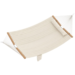 Outsunny Hangmat outdoor 200x140 cm, dubbel-laags hangmat met hoofdsteun tijdschrifttas houten stokken tot 200 kg