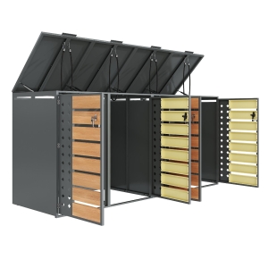 Mülltonnenbox mit 4‑fach Aufbewahrung, rautenförmiger Seitenperforation für Belüftung, 264 x 80 x 118,5 cm, Grau+Naturfarbe