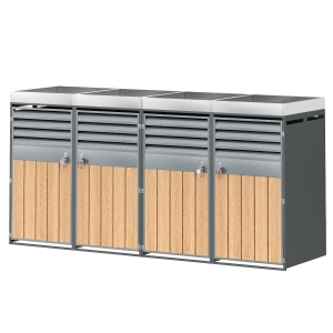 Mülltonnenbox mit integrierter Pflanzfläche, abschließbarer 4‑Fach‑Mülltonnenschrank, 264 x 80 x 124,5 cm, Grau+Naturfarbe