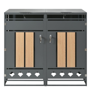 Mülltonnenbox mit hydraulischem Klappdeckel, abschließbaren Türen und zwei Fächern, 132 x 80 x 118,5 cm, Grau+Naturfarbe