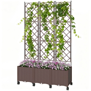Outsunny Jardinière avec treillis, bac à fleurs sur roulettes avec système d'auto-arrosage, 120x40x192cm, marron