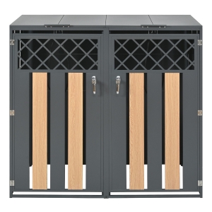 Mülltonnenbox mit hydraulischem Klappdeckel und abschließbarer Front, zwei getrennte Fächer, 132 x 80 x 118,5 cm, Grau+Naturfarbe