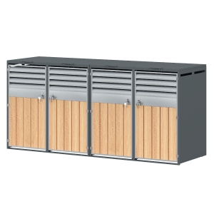 Mülltonnenbox mit hydraulischem Klappdeckel, 4-türiges Aufbewahrungsmodul, Lüftungslamellen, 264 x 80 x 118,5 cm, Grau+Naturfarbe