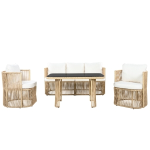 Ensemble de jardin 5‑pièces PE‑rotin, canapé 3‑places, 2 fauteuils et table en verre, Beige+Noir+Blanc