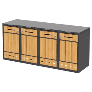 Mülltonnenbox mit Klappdeckeln und frontöffnenden Türen, für 4 ×120–240 Liter , 264 x 84,5 x 118 cm, Grau+Naturfarbe