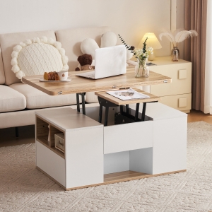 Lift-Top Coffee Table with Storage, 3 Drawers and Adjustable Height, 100x51x47 cm, White & Oak
