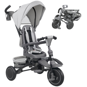 AIYAPLAY Dziecięcy rower trójkołowy, 6w1 Buggy dla małych dzieci, z rączką, regulowanym siedziskiem, składanym designem, siatką bezpieczeństwa, szary