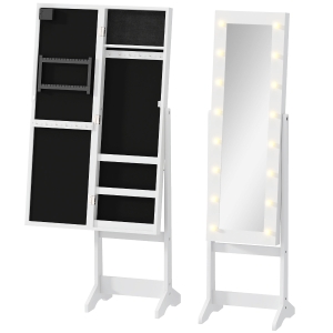 HOMCOM Espejo Joyero de Pie con 16 Luces LED y Ángulo Ajustable Organizador de Joyas con Estantes 36x30x136 cm Blanco Cálido