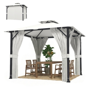 Outsunny Tonnelle de jardin extérieur 3x3m pavillon de jardin, toit double, rideaux, crochets de plafond, cadre en métal, crème