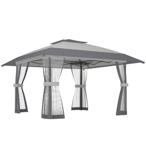 Outsunny Pavillon 4x4m Wasserdicht Höhenverstellbar Pop-up Faltpavillon mit Doppeldach 4 Netzseiten, UV 30+Hellgrau