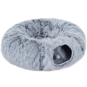 PawHut Túnel para Gato Interior com Cama em Forma de Donut, Almofada Circular Lavável, 90x80x27cm, Cinza Claro